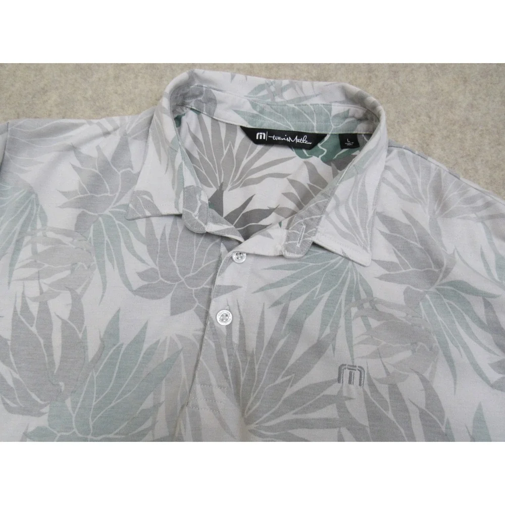Travis Mathew Mens Gray Green Tropical Leaf Golf Polo Shirt 1MW520 Size L